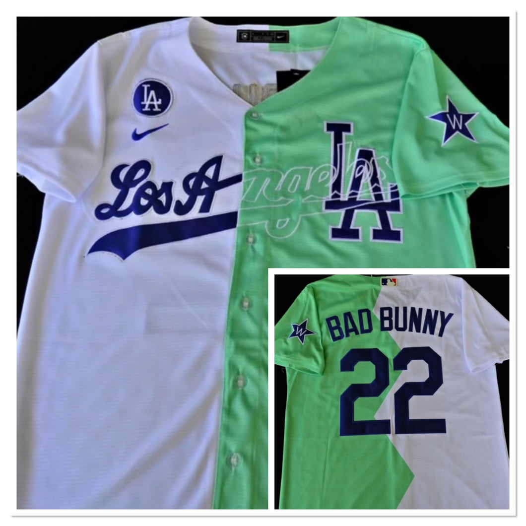 MENS DODGERS BAD BUNNY #22 WHITE/GREEN JERSEY