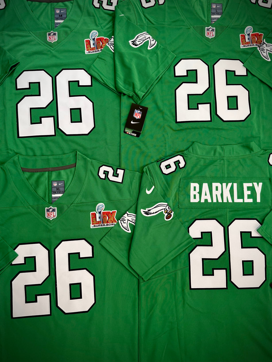 WOMENS PHILADELPHIA EAGLES SAQUON BARKLEY SUPER BOWL LIX KELLY GREEN JERSEY
