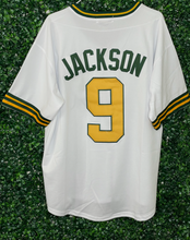 Load image into Gallery viewer, MENS A’s OAKLAND ATHLETICS REGGIE JACKSON #9 V-NECK WHITE JERSEY
