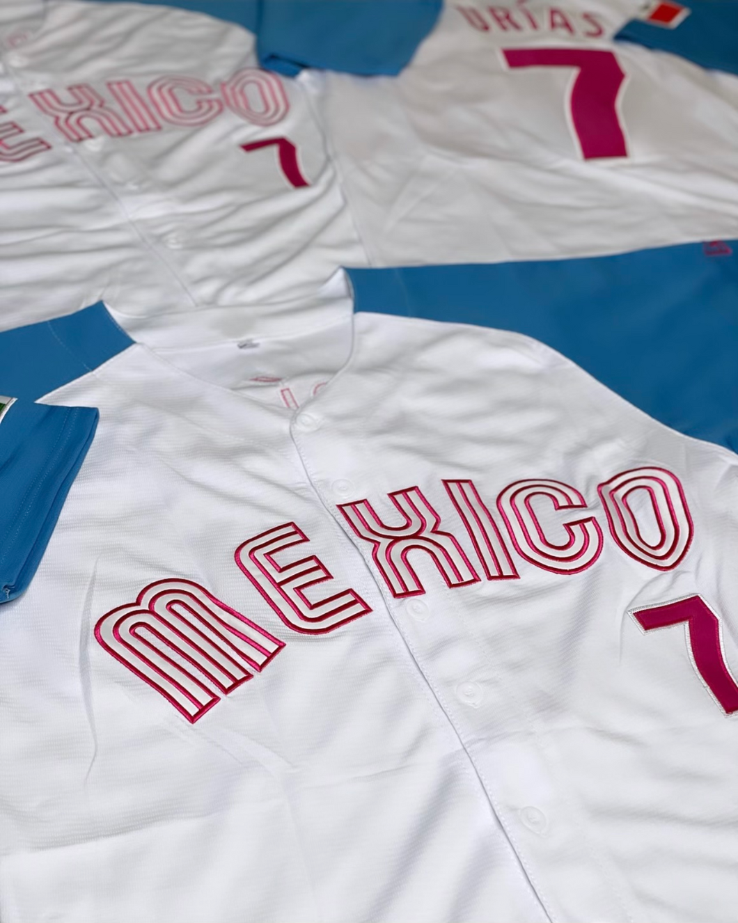 MENS Mexico World Baseball Classics Urias #7 BabyBlue/Pink Jersey
